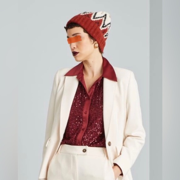 NWOT Weekend Max Mara Label-cut Wool Alpaca Beanie Fall/Winter Beige/Red Holiday - Picture 3 of 9